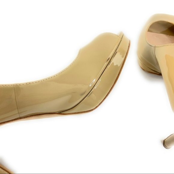 Vince Camuto Patent Peep Toe Heels in Tan - Picture 3 of 5